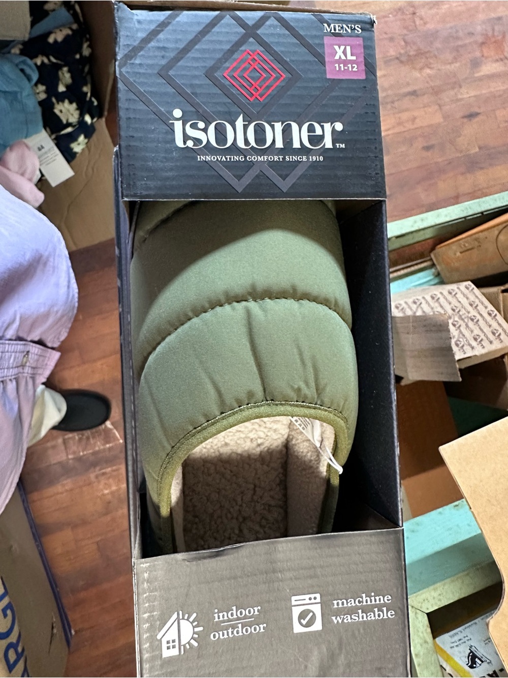 isotoner Men's Olive Green Quilted Slip-On House Shoes